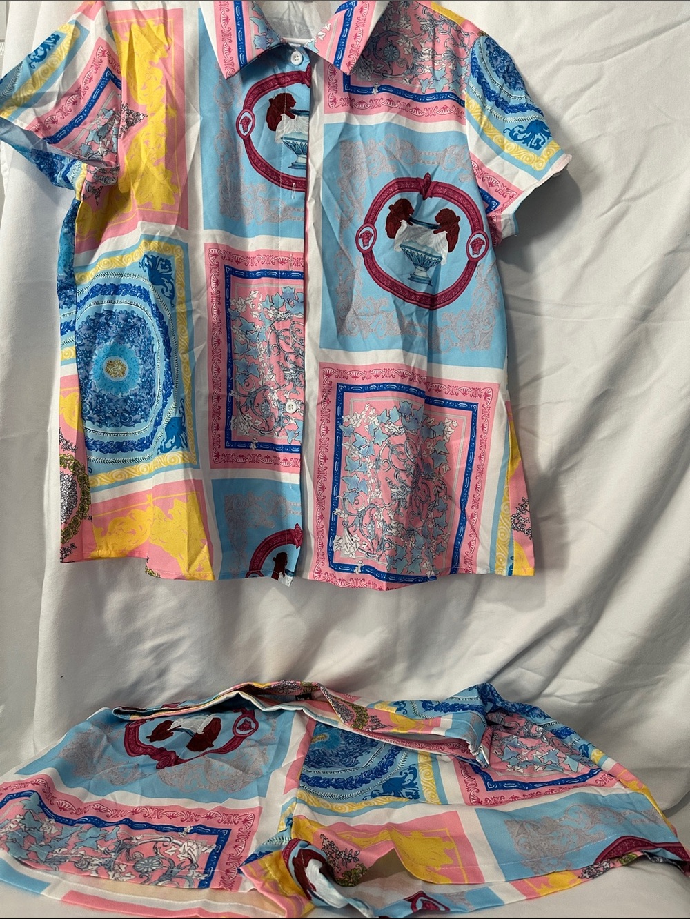 Girls' Multicolor Printed Short Sleeve Shirt - Pink & Blue